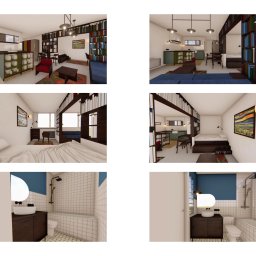 KLTW-studio architekt Krzysztof Litwa - Wizualizacja wnętrz mieszkania: salon z kuchnią, sypialnia z antresolą biblioteczną i łazienka z białą mozaiką. Nowoczesny design, ciepłe oświetlenie.