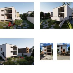 KLTW-studio architekt Krzysztof Litwa - Wizualizacja nowoczesnego, białego domu z dużymi oknami i tarasem, otoczonego zielenią i ścieżką z płyt. Na dole kadru zdjęcia domu przed przebudową.