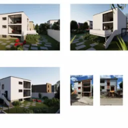 Wizualizacja nowoczesnego, białego domu z dużymi oknami i tarasem, otoczonego zielenią i ścieżką z płyt. Na dole kadru zdjęcia domu przed przebudową.