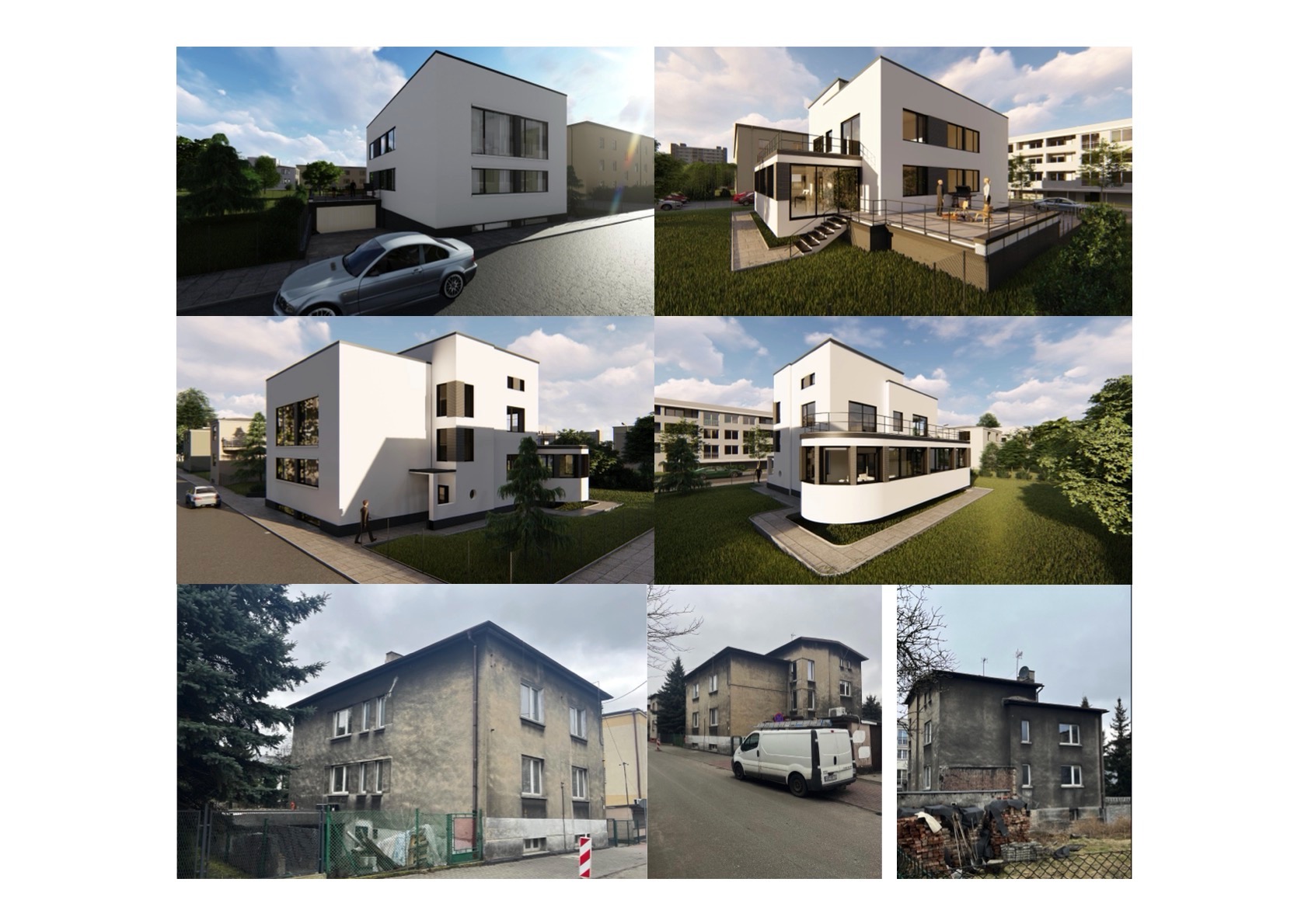 Kolaż: wizualizacje 3D nowoczesnego domu z płaskim dachem i zdjęcia istniejącego budynku przed przebudową. Dominuje biel i zieleń otoczenia. Projekt przebudowy.