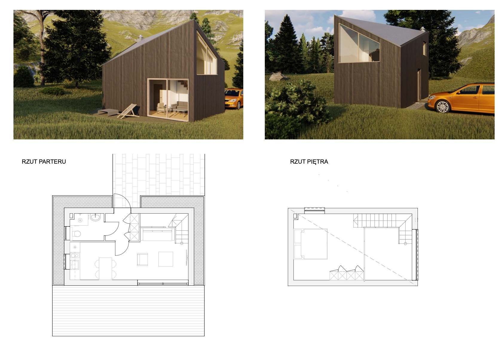 Wizualizacja nowoczesnego domu z ciemnego drewna z planami parteru i piętra. Dom otoczony zielenią, z żółtym samochodem w tle. Minimalistyczny design.