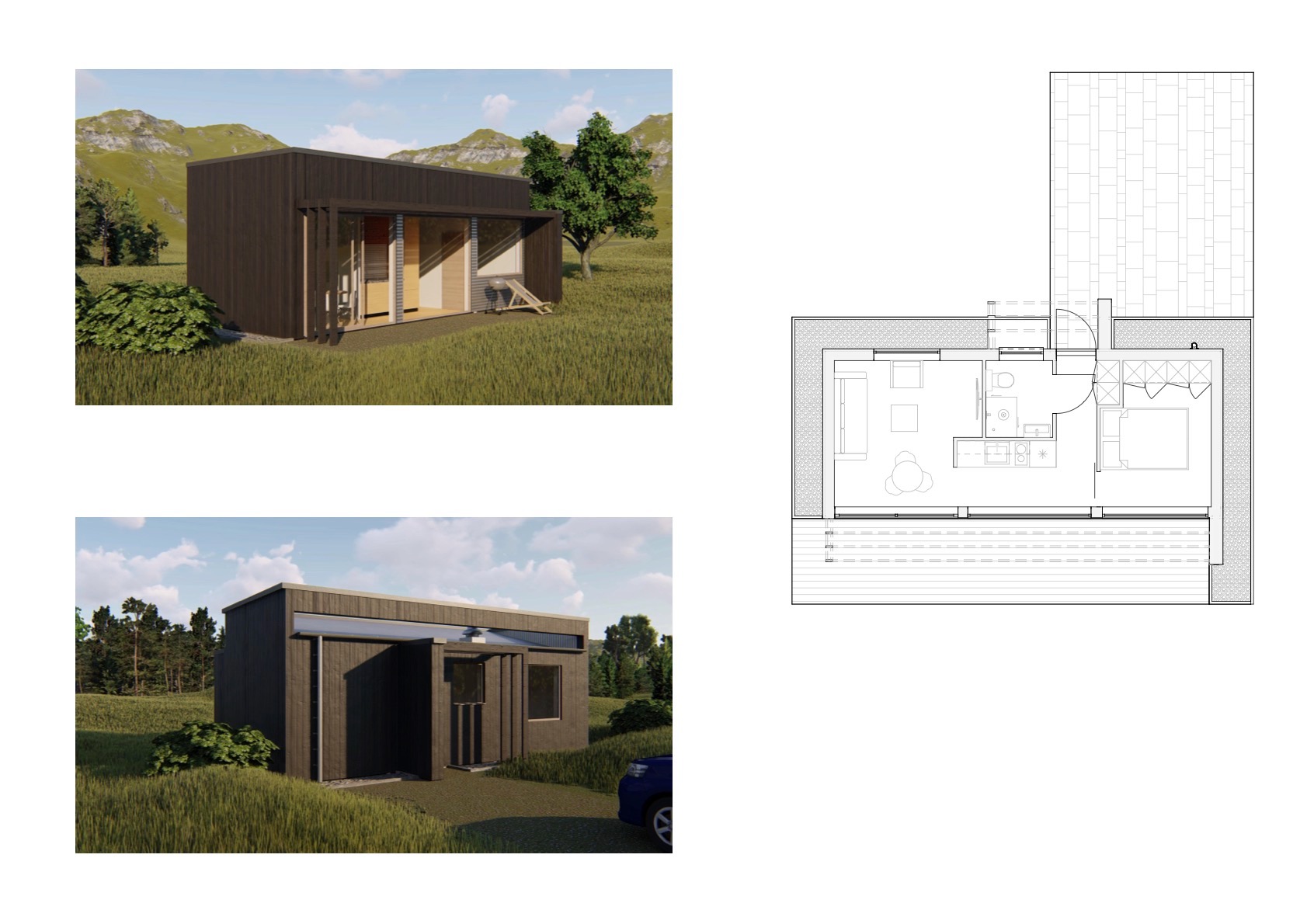 Wizualizacja nowoczesnego, parterowego domu z ciemnego drewna, z planem architektonicznym wnętrza. Ujęcie z zewnątrz prezentuje minimalistyczny design i otoczenie.