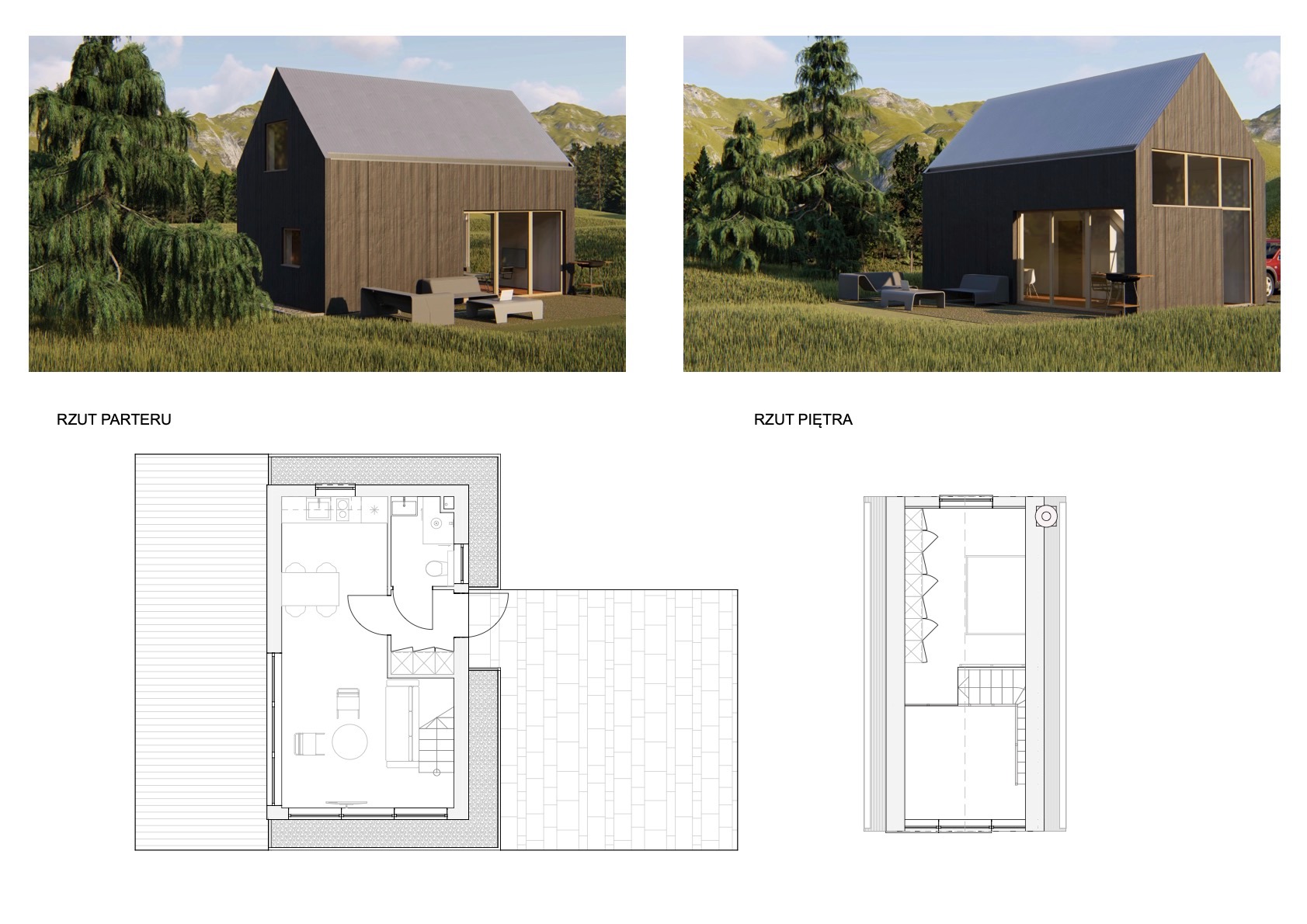 Wizualizacja domu z ciemnego drewna z rzutami parteru i piętra. Dom z dużymi oknami i tarasem, otoczony zielenią. Rzuty przedstawiają rozkład pomieszczeń.