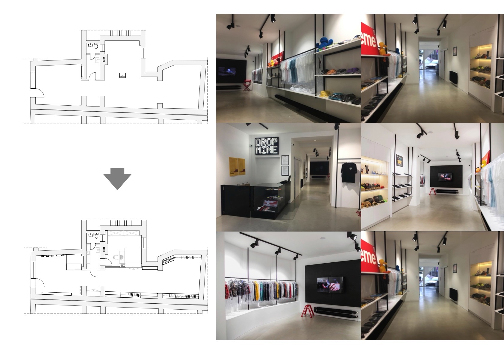 Kolaż: plan sklepu przed i po remoncie, wnętrze butiku z minimalistycznym designem, czarne oświetlenie szynowe, ubrania na wieszakach, półki z akcesoriami, lada recepcyjna.