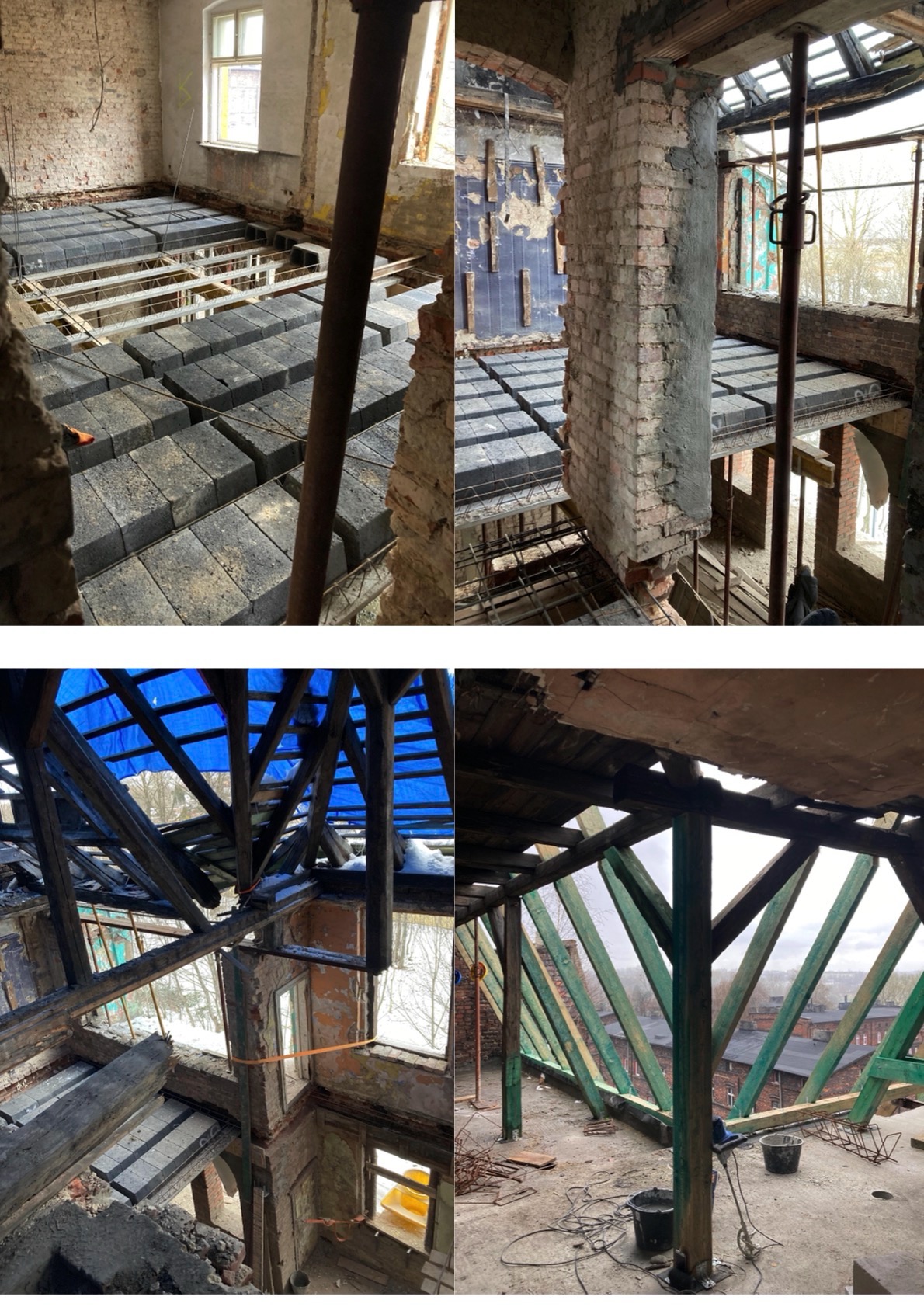 Wnętrze w trakcie przebudowy: surowy stan z odsłoniętymi elementami konstrukcyjnymi, wzmocnieniami stropów i więźby dachowej, ukazujący etap prac budowlanych.