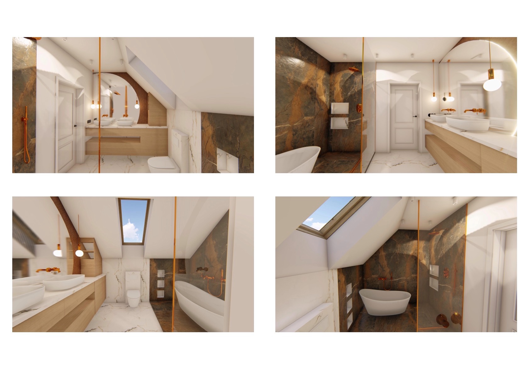 Wizualizacja łazienki na poddaszu z oknem dachowym, marmurową podłogą i brązowo-złotymi akcentami. Widoczne umywalki, wanna i kabina prysznicowa.