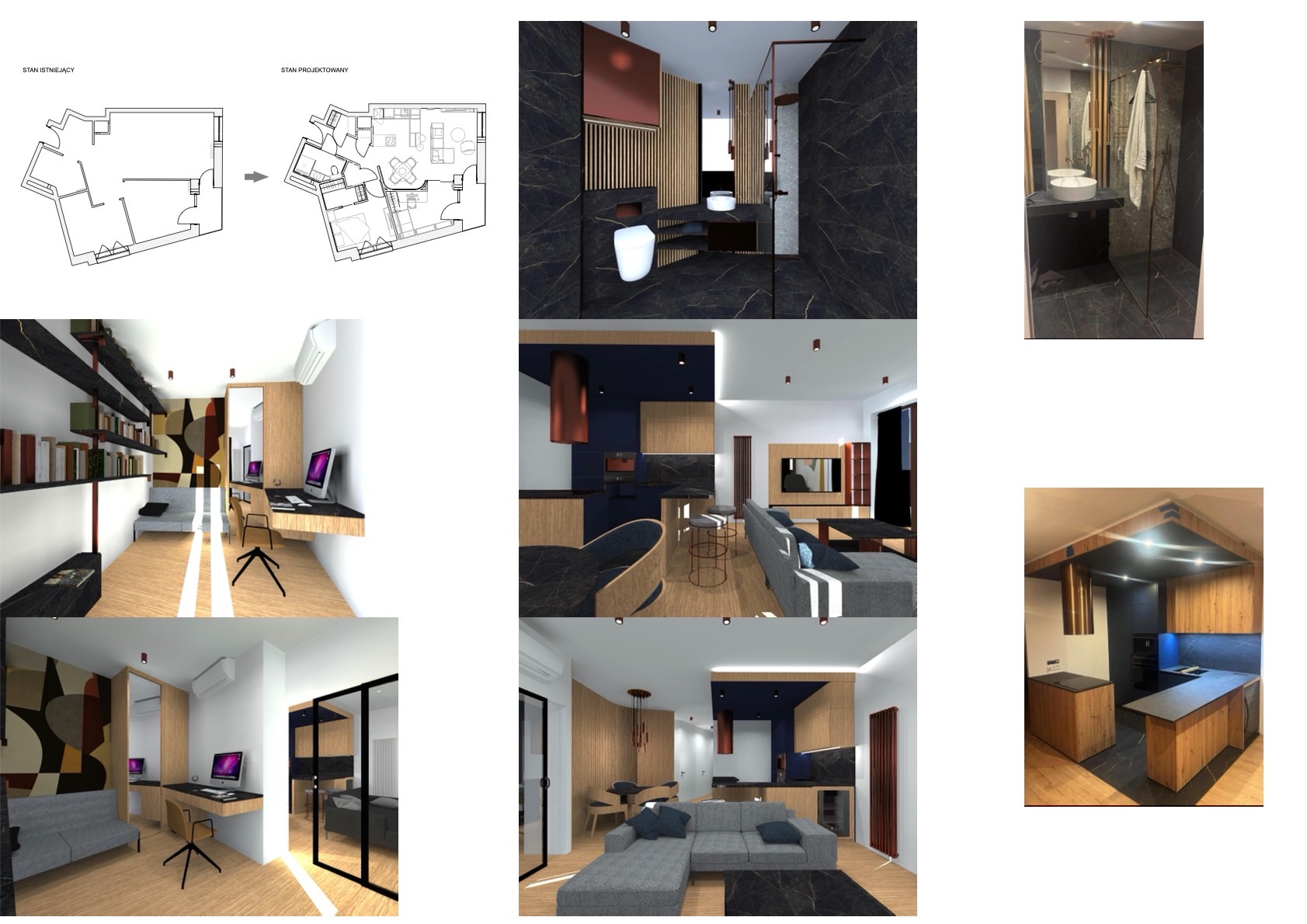 Kolaż wizualizacji wnętrz: łazienka z czarnym marmurem, pokój z biurkiem i regałem, salon z kuchnią w odcieniach granatu i drewna, oraz plan mieszkania przed i po zmianach.