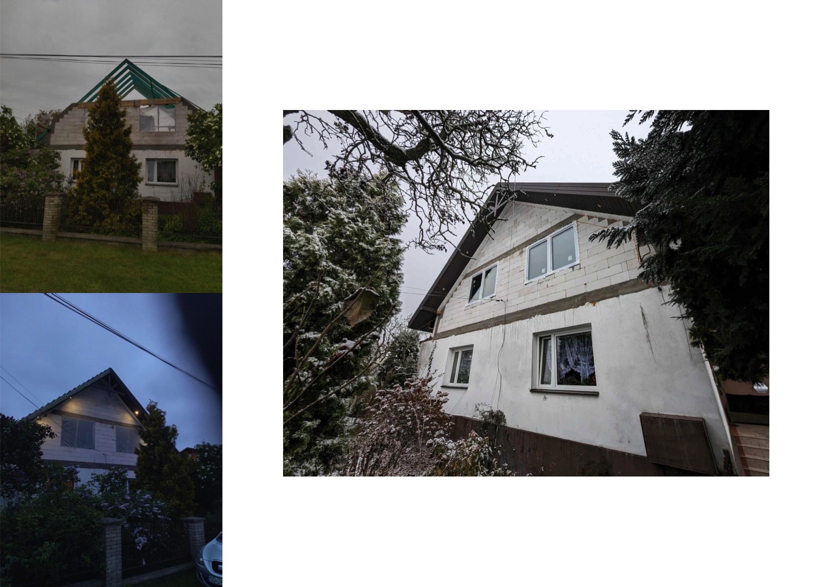 Dom w trakcie przebudowy: widoczne nowe okna i ocieplenie. Fragment budynku z zieloną konstrukcją dachu. Ujęcie z zewnątrz, w tle drzewa i pochmurne niebo.