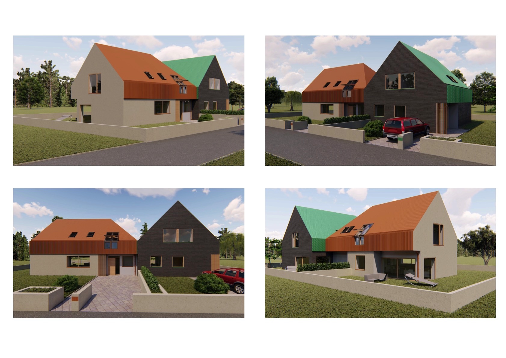 Wizualizacja dwóch nowoczesnych domów jednorodzinnych z dachami w kolorze pomarańczowym i zielonym, z elementami drewnianymi i szarą elewacją, otoczonych zielenią.