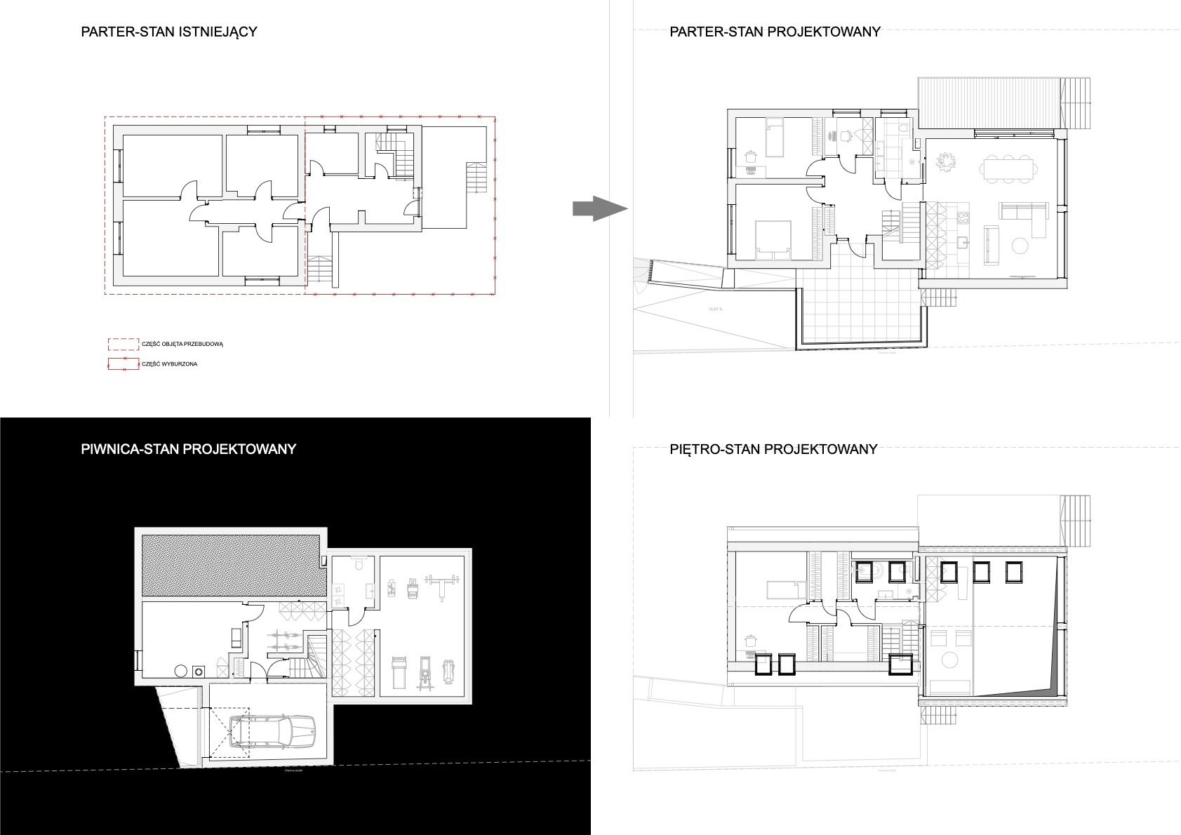 Rzut domu przed i po przebudowie: parter, piwnica, piętro. Widoczne zmiany w układzie pomieszczeń, w tym dobudowa. Czarno-biały schemat architektoniczny.