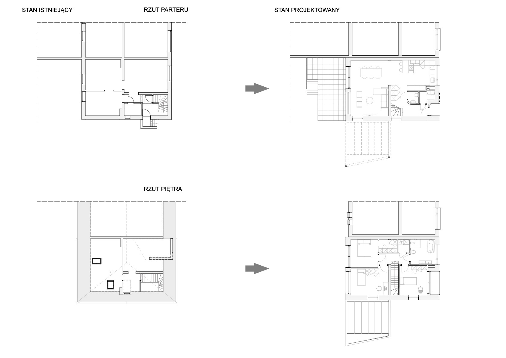Rzuty parteru i piętra domu: stan istniejący i projektowany. Widoczne zmiany w układzie pomieszczeń, zarys mebli i wyposażenia. Prezentacja projektu przebudowy.