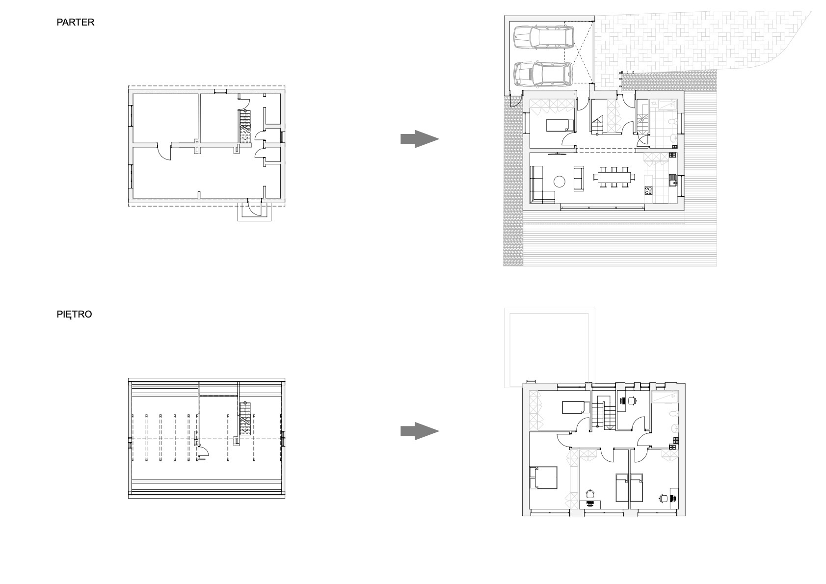 Projekt architektoniczny domu dwukondygnacyjnego w Katowicach: parter i piętro, widok przed i po przebudowie, rzut z góry.