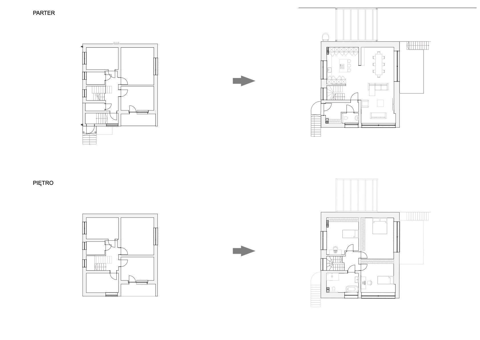 Rzut parteru i piętra domu: plan przed przebudową (puste pokoje) i po (umeblowane wnętrza). Schematyczne przedstawienie zmian w układzie pomieszczeń.