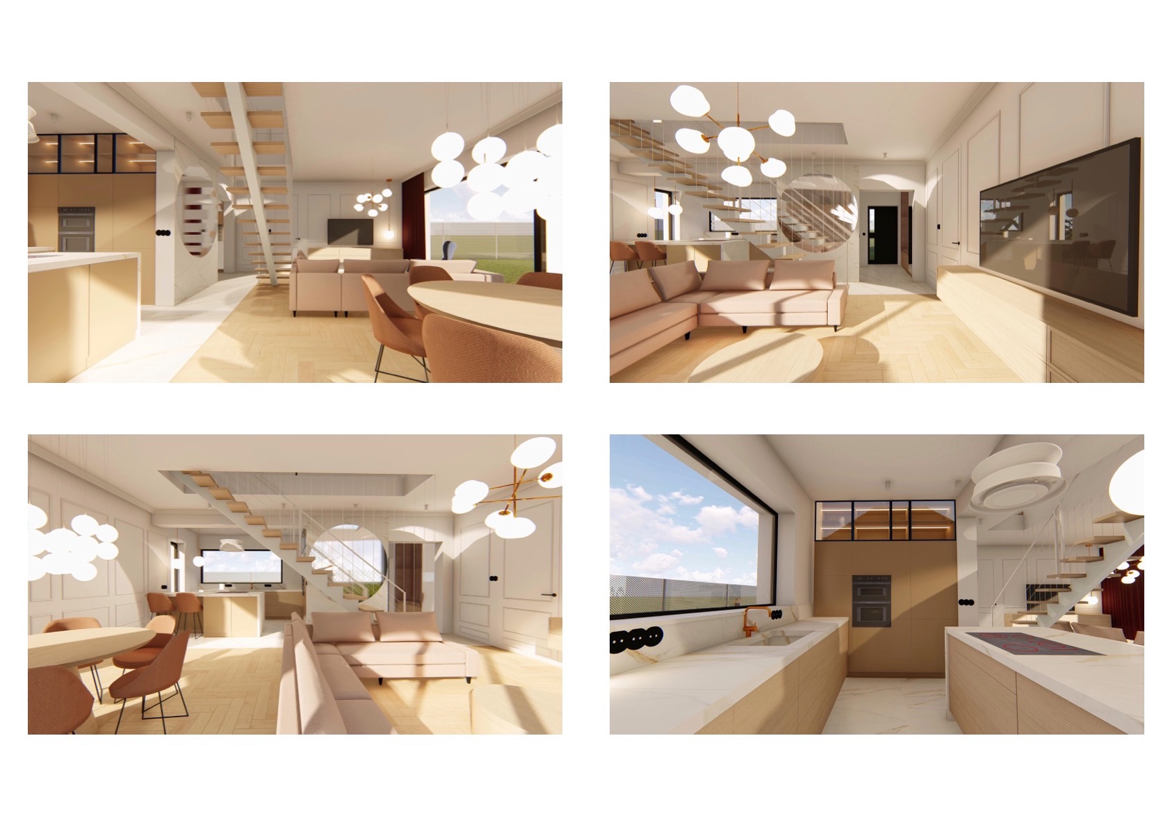 Wnętrze domu w beżowej tonacji: salon z sofą, jadalnia ze stołem i krzesłami, schody z drewnianymi stopniami, kuchnia z oknem na ogród. Nowoczesne lampy kuliste.