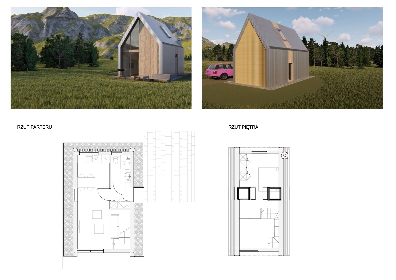 Wizualizacja domu z rzutami parteru i piętra. Nowoczesna architektura z elementami drewna, otoczona zielenią. Graficzne plany wnętrz.