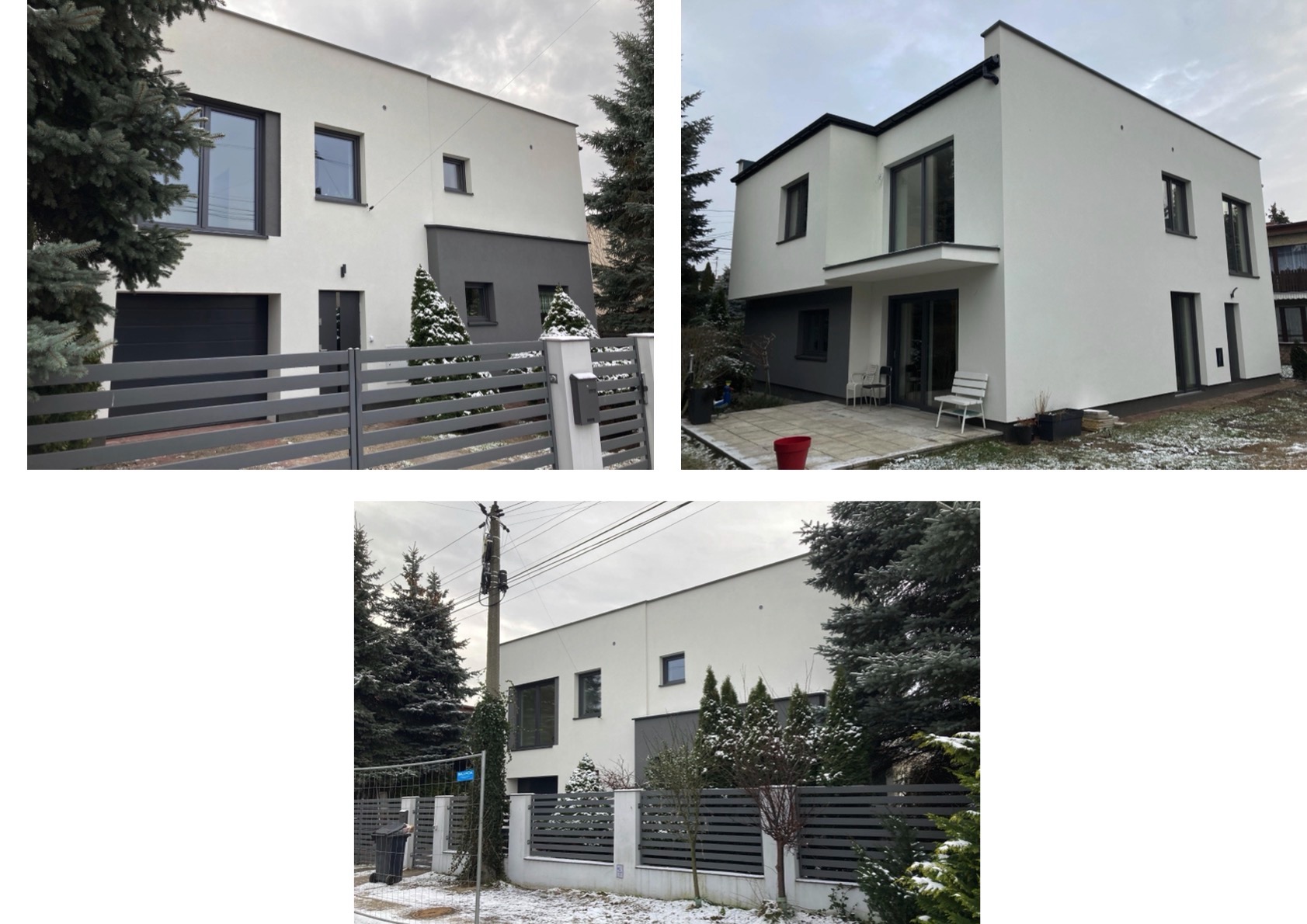 Nowoczesny dom z białą elewacją i szarą stolarką, otoczony zimowym krajobrazem. Widoczne ogrodzenie panelowe i iglaki. Ujęcie z różnych perspektyw.
