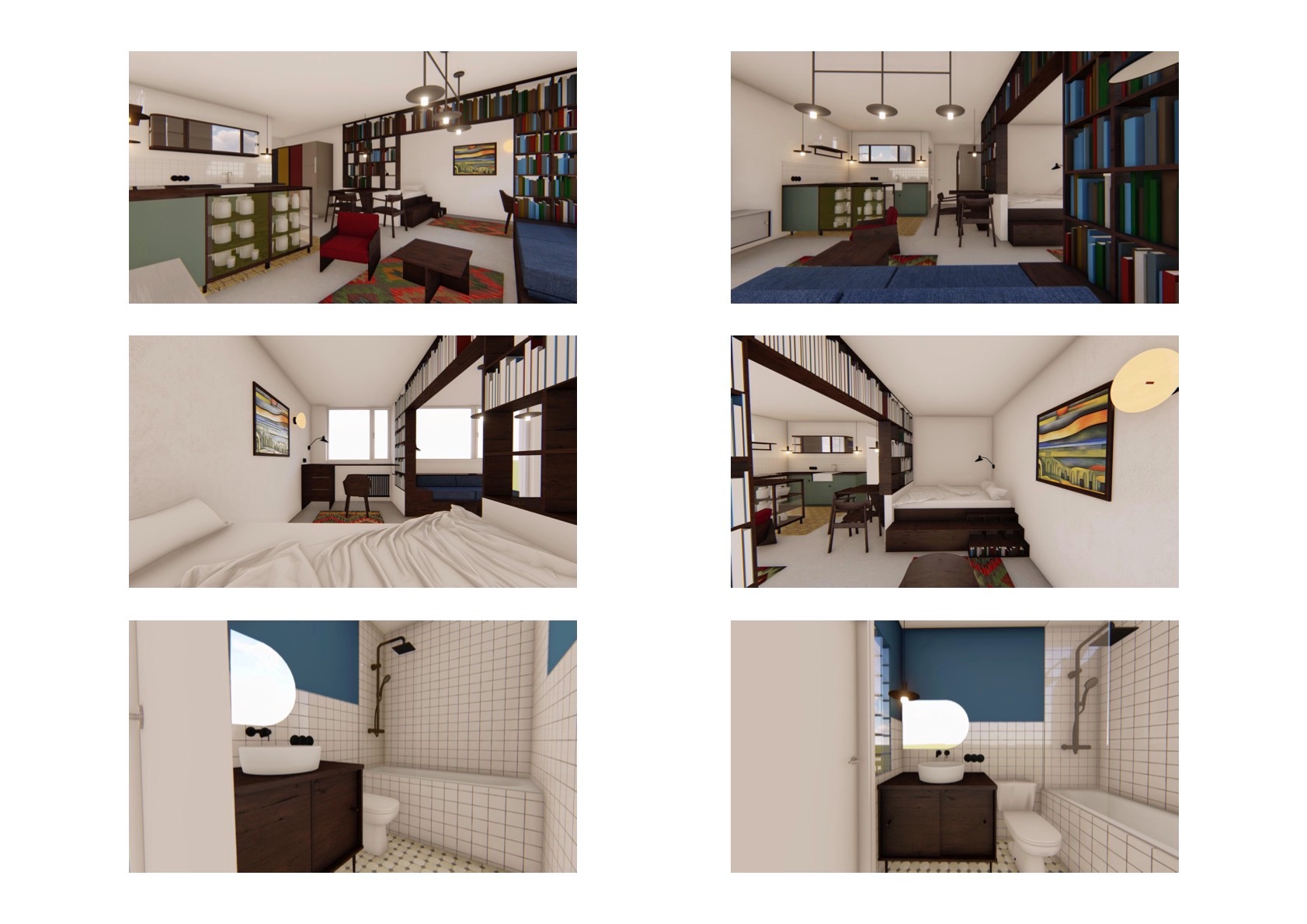 Wizualizacja wnętrz mieszkania: salon z kuchnią, sypialnia z antresolą biblioteczną i łazienka z białą mozaiką. Nowoczesny design, ciepłe oświetlenie.