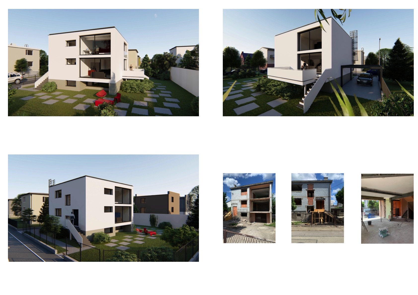 Wizualizacja nowoczesnego, białego domu z dużymi oknami i tarasem, otoczonego zielenią i ścieżką z płyt. Na dole kadru zdjęcia domu przed przebudową.