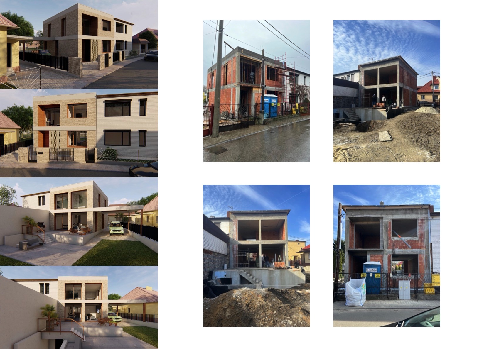 Zestawienie wizualizacji i zdjęć z budowy dwukondygnacyjnego domu z płaskim dachem. Widoczne różne etapy realizacji, od projektu do stanu surowego otwartego.