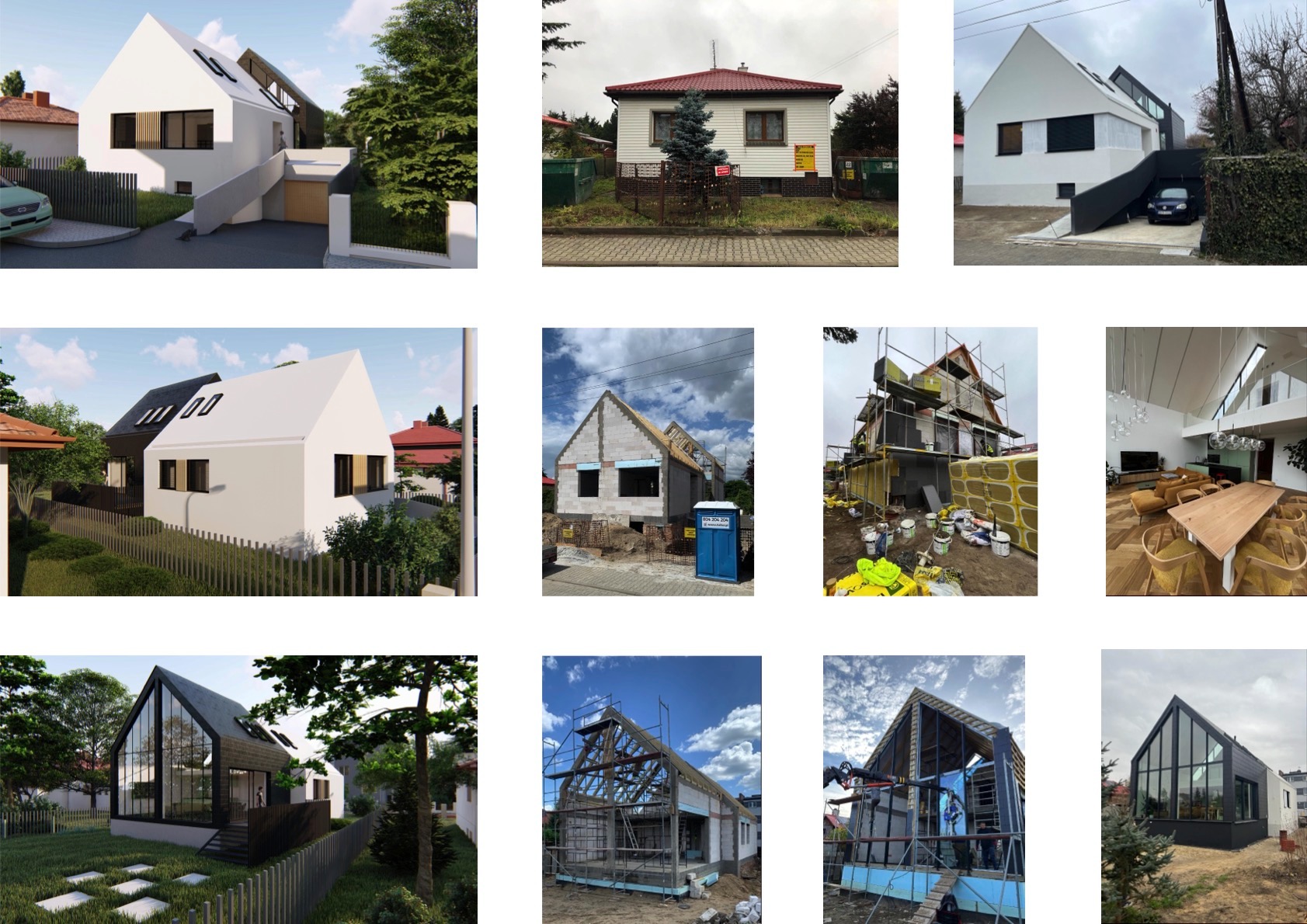 Kolaż przedstawia różnorodne etapy budowy i projekty domów, od wizualizacji 3D po surowy stan i wykończone elewacje. Ukazuje style od nowoczesnych po tradycyjne.