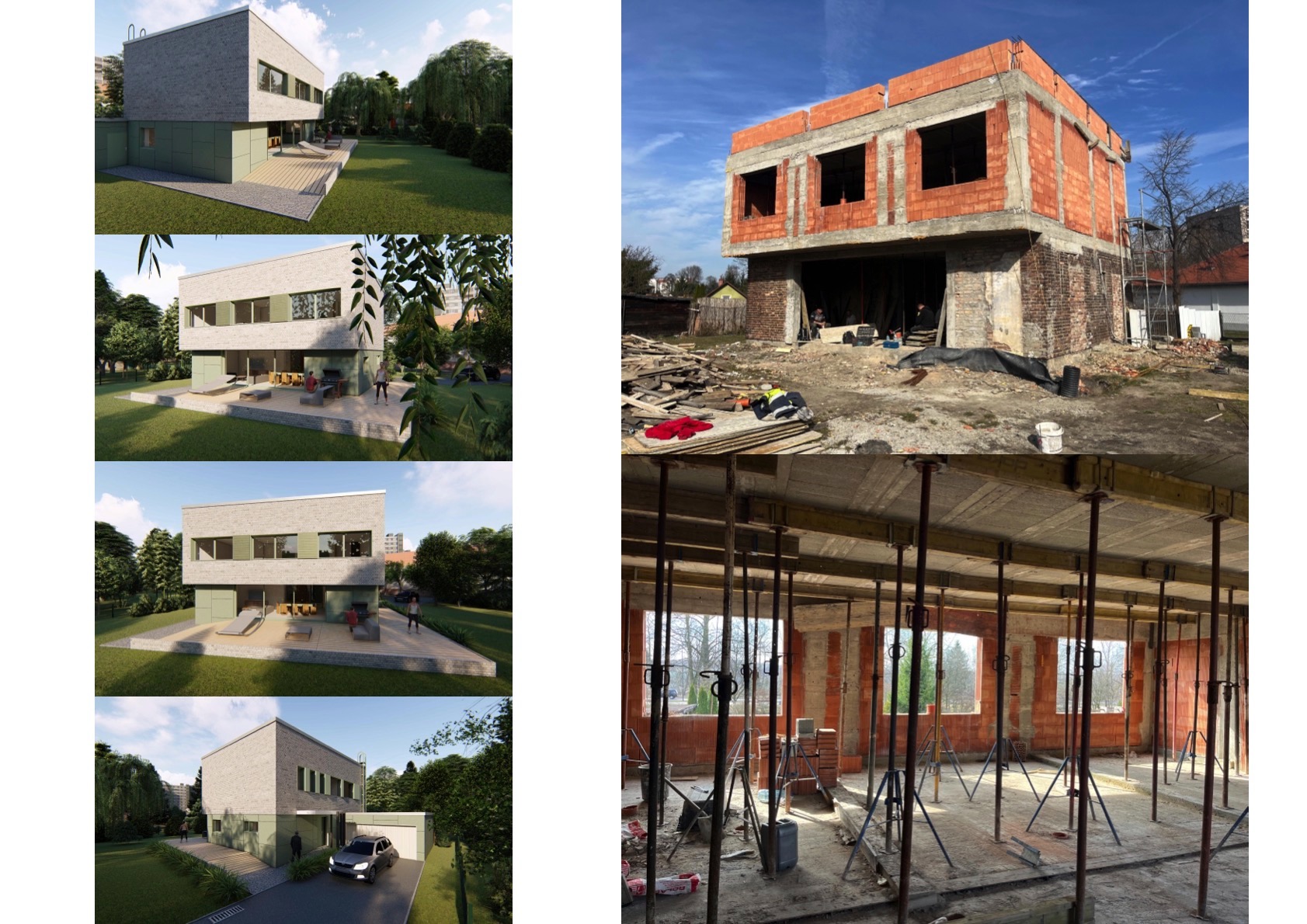 Wizualizacja 3D domu jednorodzinnego zestawiona ze zdjęciami z budowy, ukazująca postęp prac na różnych etapach.