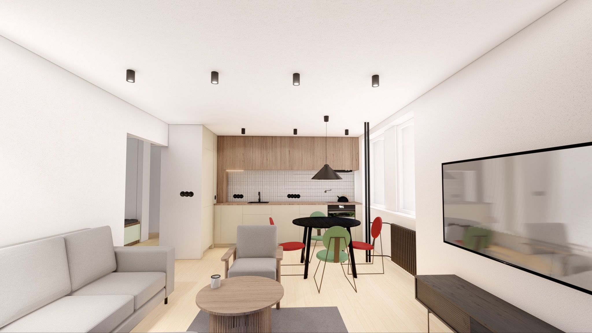 Wnętrze mieszkania w neutralnych barwach: jasny salon z aneksem kuchennym, drewniane akcenty, okrągły stół i sofa. Minimalistyczny design, nowoczesne oświetlenie punktowe.