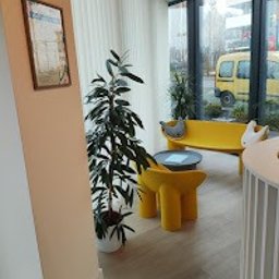 Centrum Terapii Dziecka BABY STEPS Częstochowa - fizjoterapia - logopeda dziecięcy - psycholog dziecięcy - Jasne wnętrze poczekalni z żółtą sofą, stolikiem i fotelem, dużą rośliną doniczkową i widokiem na ulicę z żółtym samochodem dostawczym.