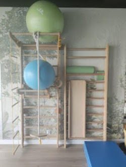 Drewniane drabinki gimnastyczne z piłkami rehabilitacyjnymi w Częstochowie, na tle ściany z motywem leśnym.