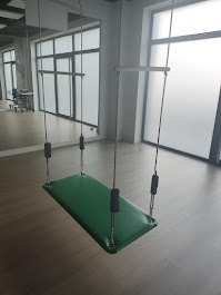 Zielone podwieszane urządzenie rehabilitacyjne z czarnymi uchwytami w jasnym pomieszczeniu z lustrami i drewnianą podłogą.