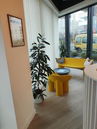 Jasne wnętrze poczekalni z żółtą sofą, stolikiem i fotelem, dużą rośliną doniczkową i widokiem na ulicę z żółtym samochodem dostawczym.