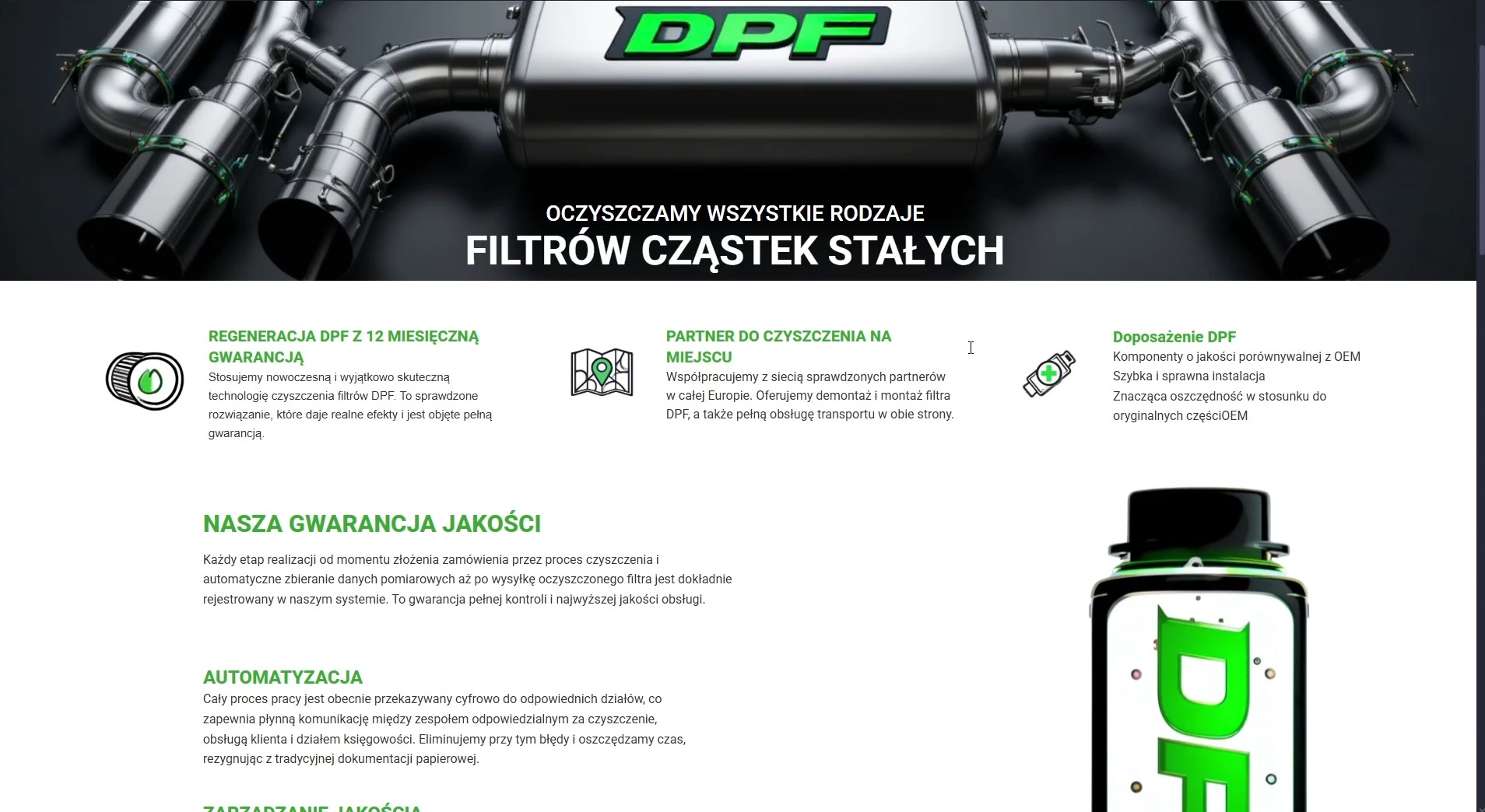 Grafika prezentująca ofertę czyszczenia filtrów cząstek stałych DPF z gwarancją, ukazująca metalowy filtr oraz butelkę środka czyszczącego z logo DPF.