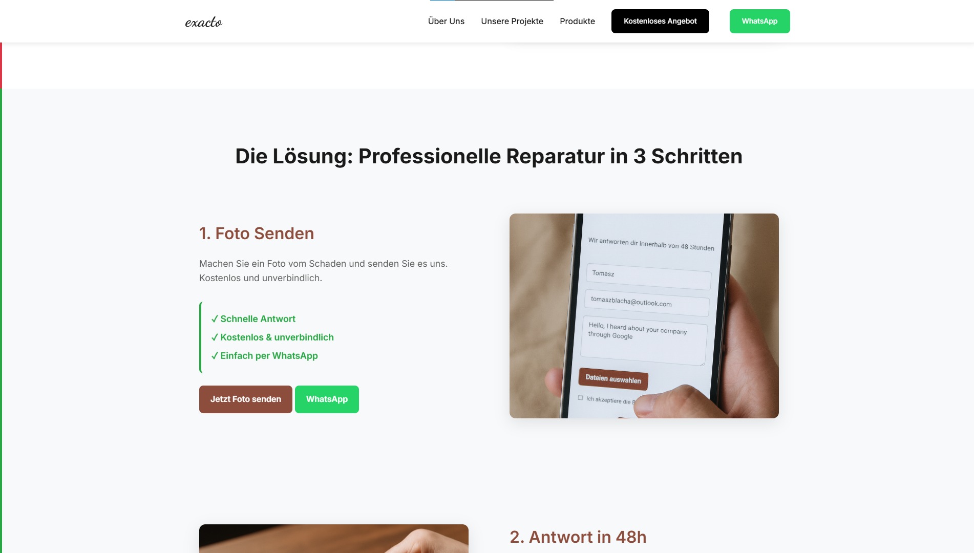 Strona internetowa z formularzem kontaktowym na smartfonie, zachęcająca do wysłania zdjęcia uszkodzenia w celu profesjonalnej naprawy w 3 krokach, z szybką odpowiedzią.