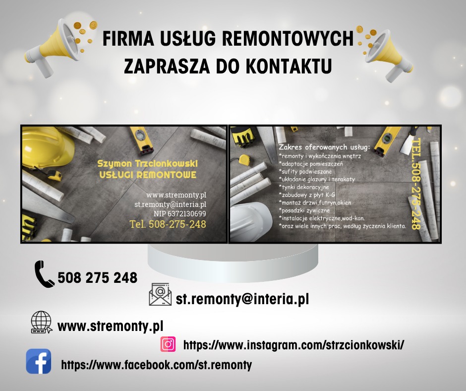 Grafika reklamowa firmy remontowej: zakres usług, dane kontaktowe, wizualizacje narzędzi i materiałów budowlanych. Zaproszenie do kontaktu, żółto-szara kolorystyka.