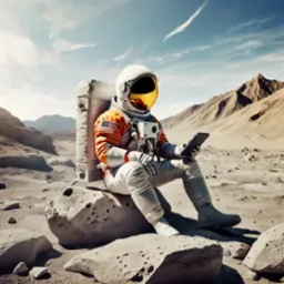 Astronauta siedzi na skale na pustynnej planecie, używając tabletu. Pomarańczowy skafander z flagą USA. Górzysty krajobraz w tle, błękitne niebo.