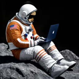 Astronauta w skafandrze siedzi na skale i pracuje na laptopie z logo Apple, flaga USA na ramieniu, czarne tło.
