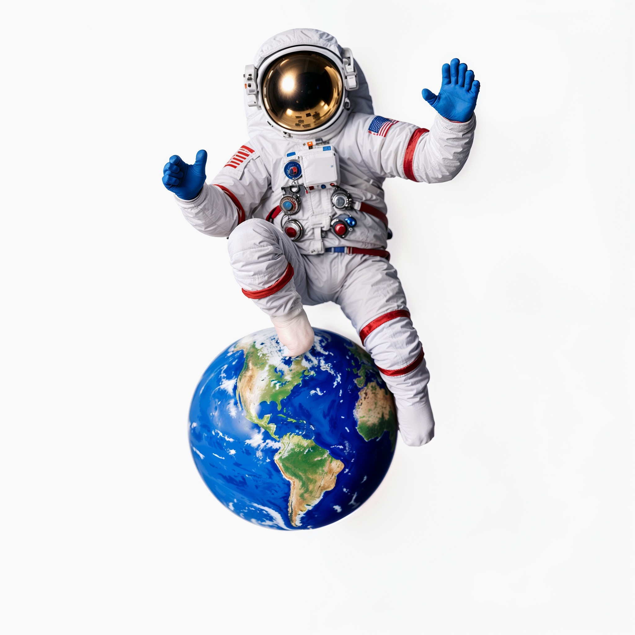Astronauta w białym skafandrze z flagą USA stoi na modelu Ziemi na białym tle. Złoty wizjer hełmu odbija światło. Niebieskie rękawice. Czerwone akcenty na skafandrze.