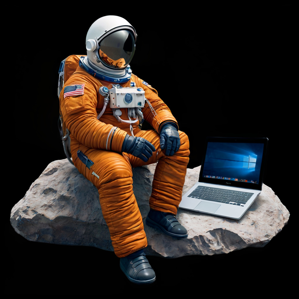 Astronauta w pomarańczowym skafandrze siedzi na skale z laptopem z systemem Windows, ciemne tło. Koncepcja nowoczesnej technologii i eksploracji kosmosu.