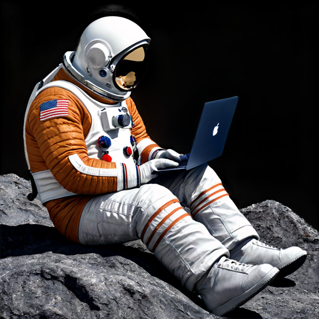 Astronauta w skafandrze siedzi na skale i pracuje na laptopie z logo Apple, flaga USA na ramieniu, czarne tło.