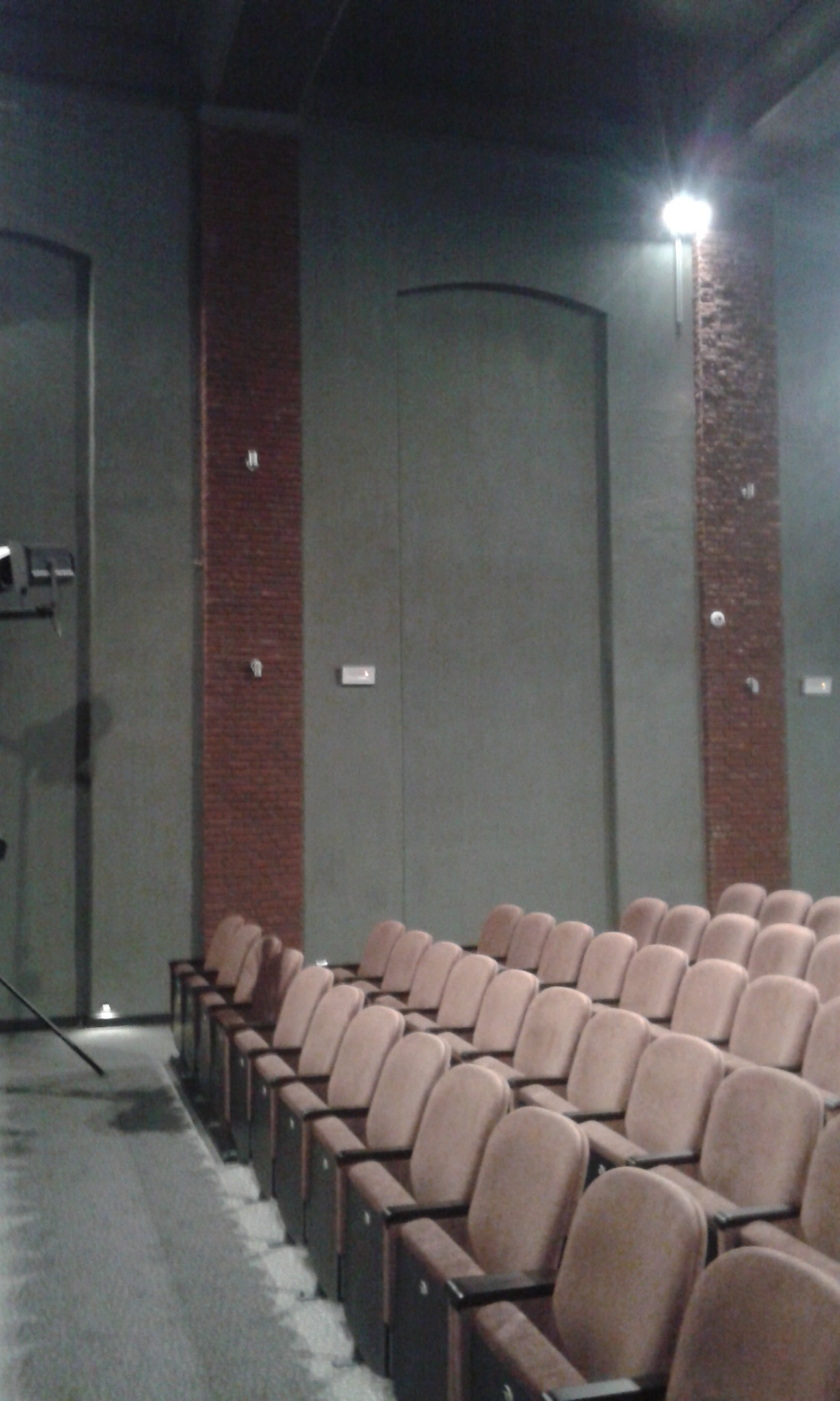 Rzędy foteli w sali widowiskowej z kolumnami wykończonymi czerwoną cegłą i szarą ścianą, oświetlone górnym światłem.