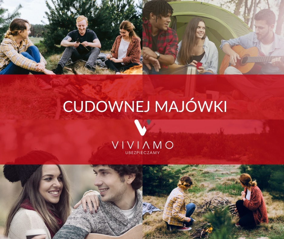 Montaż kolażu zdjęć przedstawiającego grupę młodych ludzi spędzających czas na łonie natury, z ogniskiem, namiotem i gitarą, z nałożonym czerwonym filtrem i tekstem 'Cudownej Majówki' oraz logo...