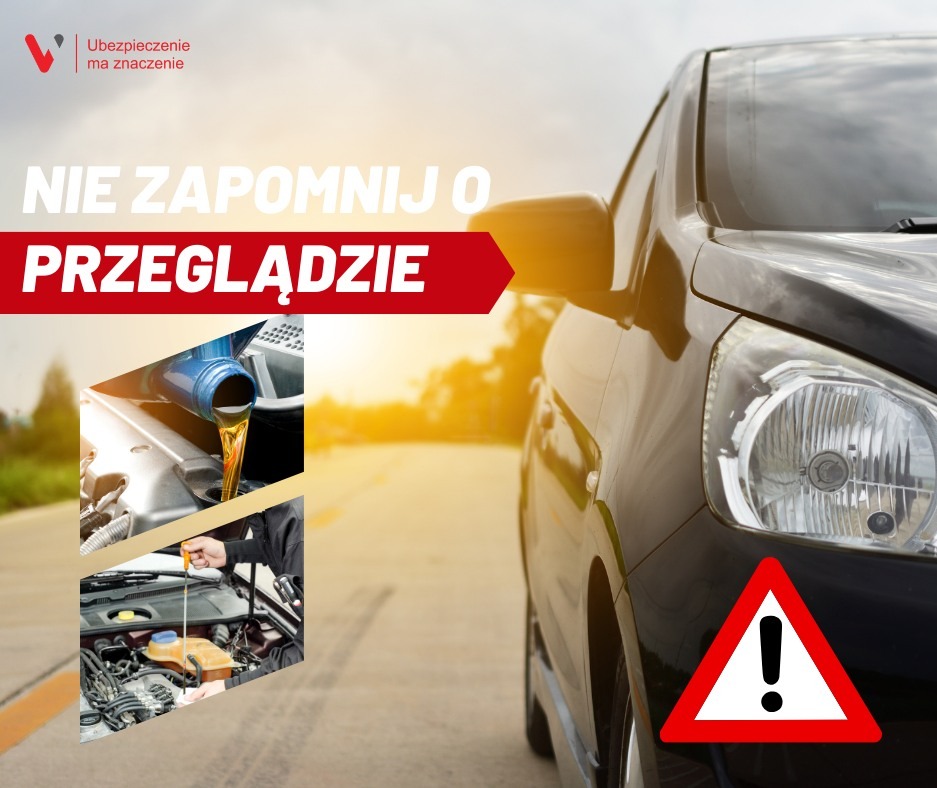 Czarny samochód na drodze z grafiką przypominającą o przeglądzie, w tle słońce i logo firmy.