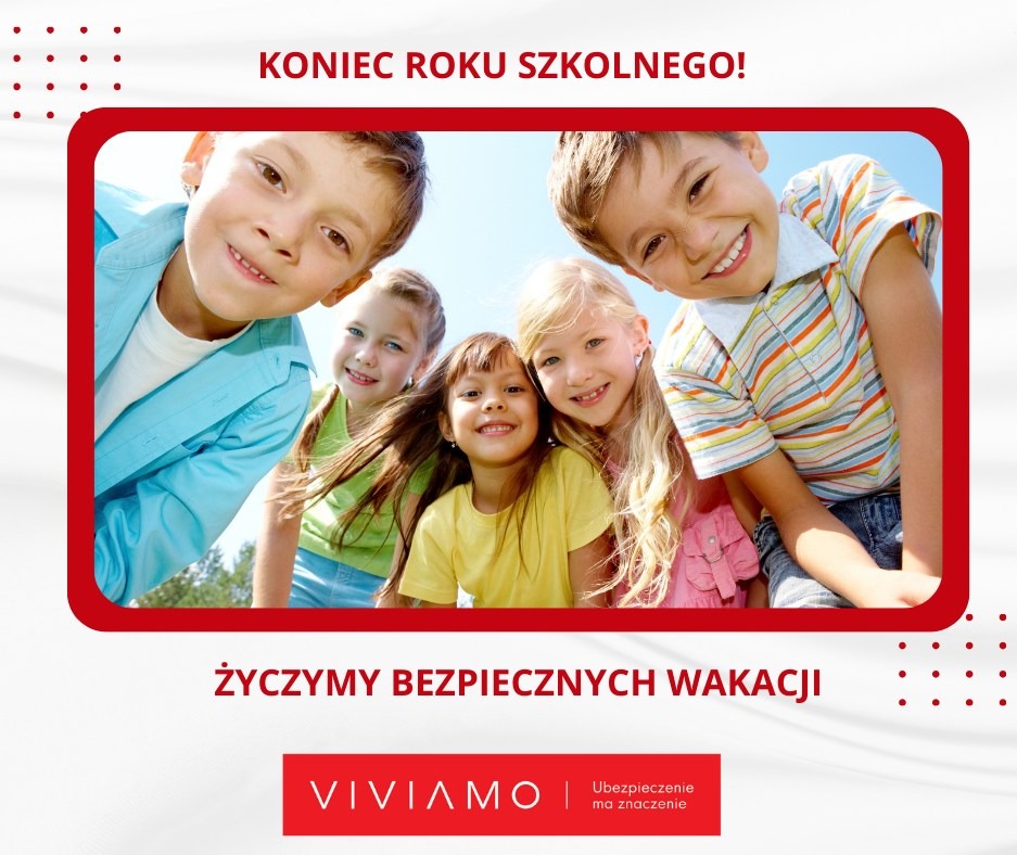 Zdjęcie grupki uśmiechniętych dzieci, z życzeniami bezpiecznych wakacji i logo firmy ubezpieczeniowej Viviamo, na tle stylizowanego, czerwonego obramowania.