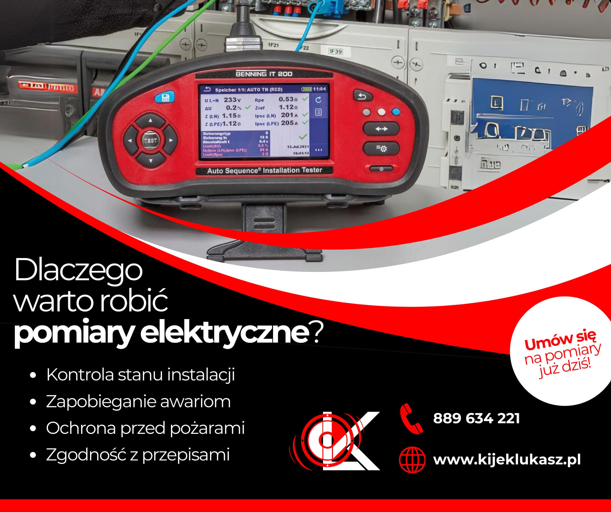 Miernik instalacji elektrycznych Benning IT 200 z widocznymi wynikami pomiarów na wyświetlaczu, umieszczony na tle rozdzielnicy elektrycznej z przewodami.