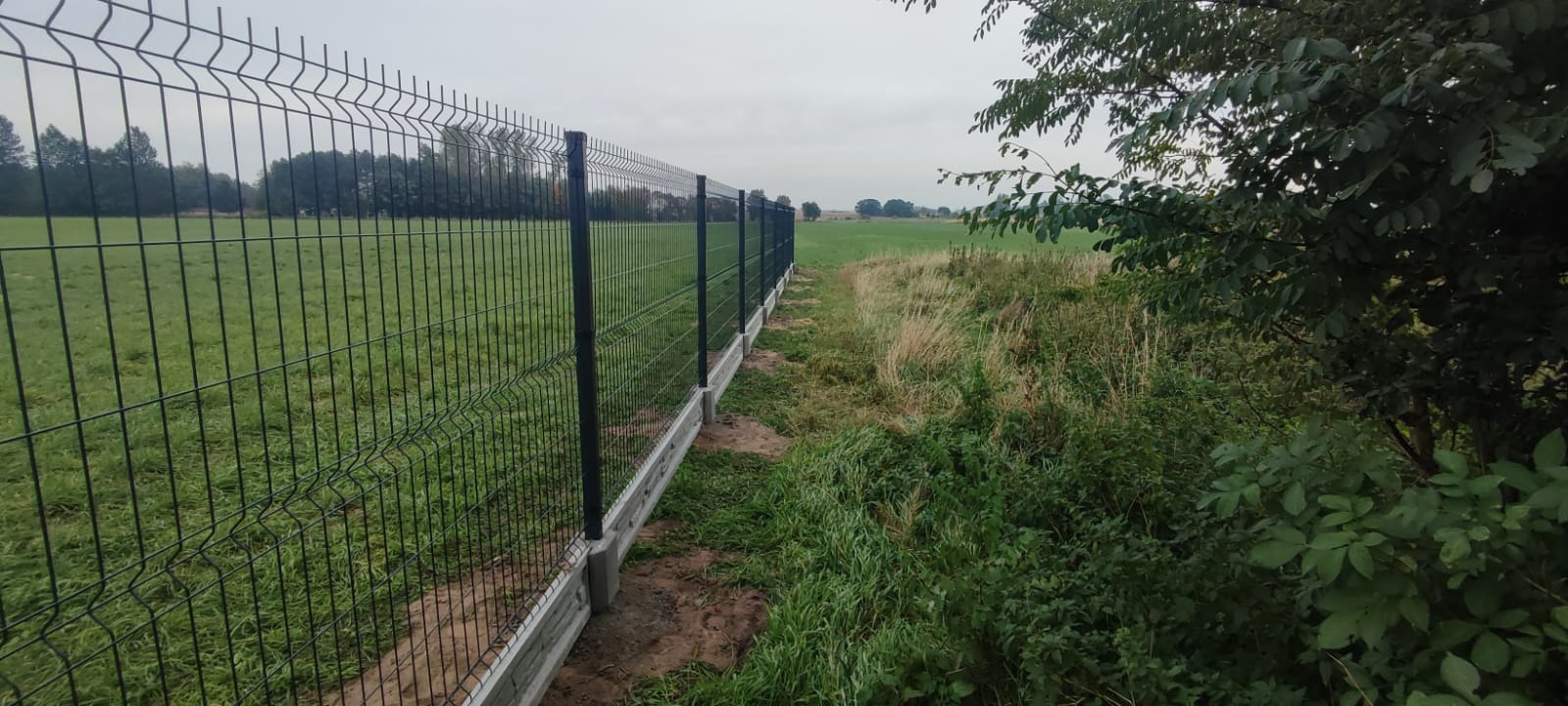 Długa, panelowa konstrukcja z siatki ogrodzeniowej w kolorze grafitowym, osadzona na betonowej podmurówce, oddzielająca łąkę od zarośli w pochmurny dzień.