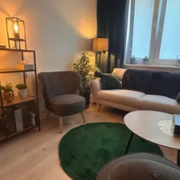 Przytulny gabinet psychoterapeuty z beżową sofą, okrągłym zielonym dywanem, metalowym regałem z dekoracjami i ciepłym oświetleniem. Na stoliku pudełko z chusteczkami.