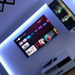 Nowoczesny salon z podświetlanym sufitem i ścianą, telewizorem Smart TV z menu aplikacji streamingowych, szklaną witryną z dekoracyjnym oświetleniem i drewnianą podłogą.