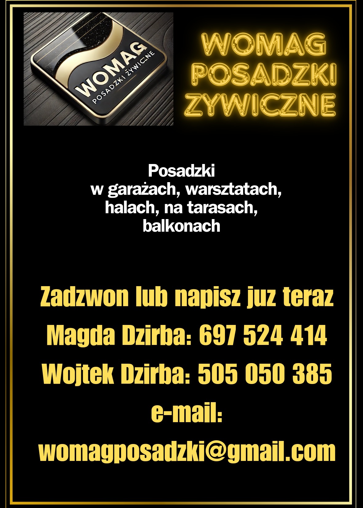 Grafika reklamowa firmy oferującej posadzki do garaży, warsztatów, hal, tarasów i balkonów, z widocznym logotypem firmy i danymi kontaktowymi.