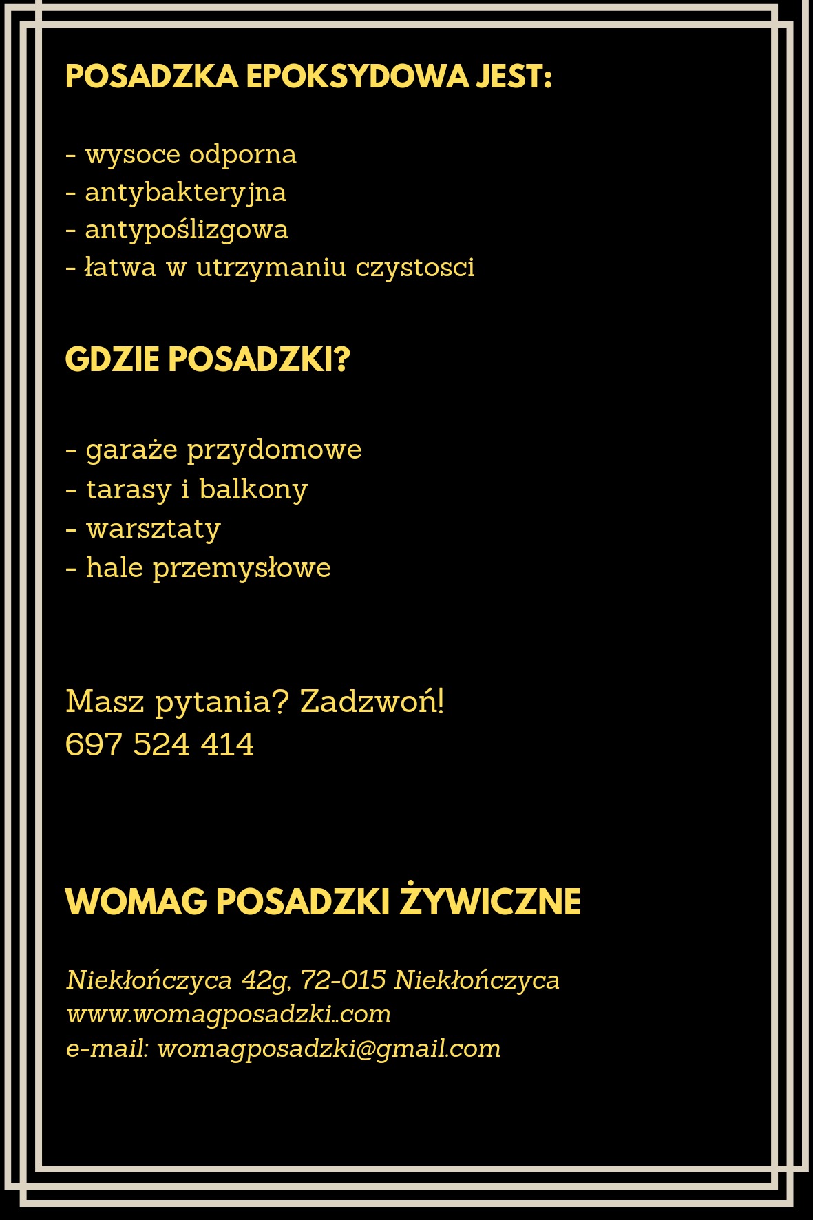 Grafika reklamowa prezentująca zalety posadzek epoksydowych i ich zastosowanie w garażach, warsztatach i halach przemysłowych, z danymi kontaktowymi firmy.