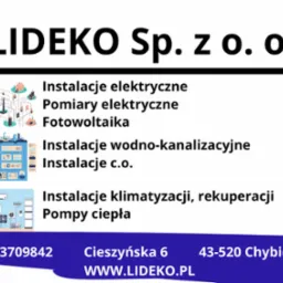 Grafika reklamowa firmy LIDEKO Sp. z o.o. oferującej instalacje elektryczne, pomiary elektryczne, fotowoltaikę, instalacje wodno-kanalizacyjne, instalacje c.o., instalacje klimatyzacji...