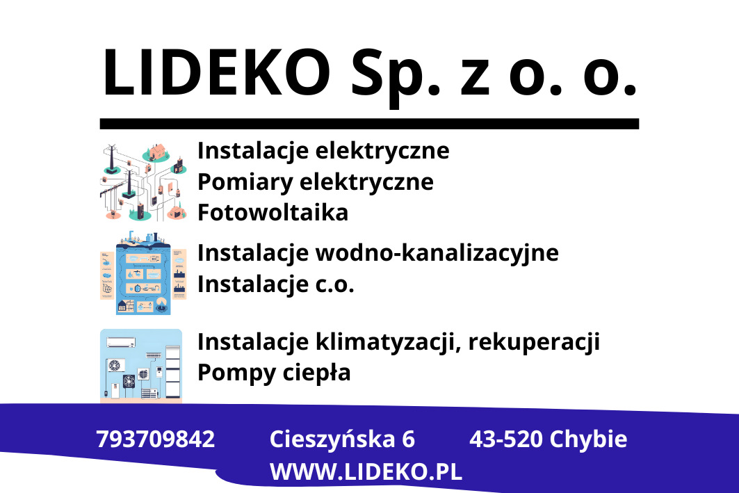 Grafika reklamowa firmy LIDEKO Sp. z o.o. oferującej instalacje elektryczne, pomiary elektryczne, fotowoltaikę, instalacje wodno-kanalizacyjne, instalacje c.o., instalacje klimatyzacji...